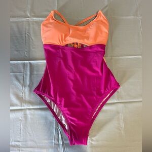 BNWT Kona Sol Orange & Hot Pink One-Piece Swimsuit size Large 12-14
